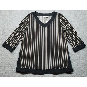 Chicos Travelers Blouse Womens Size 2 Black White Striped V-Neck 3/4 Sleeve New